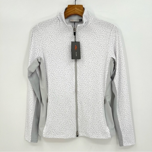 Kjus Women's Sunshine Printed Mock Neck Zip Golf Shirt Jacket in White Gray 38 M - Picture 1 of 14
